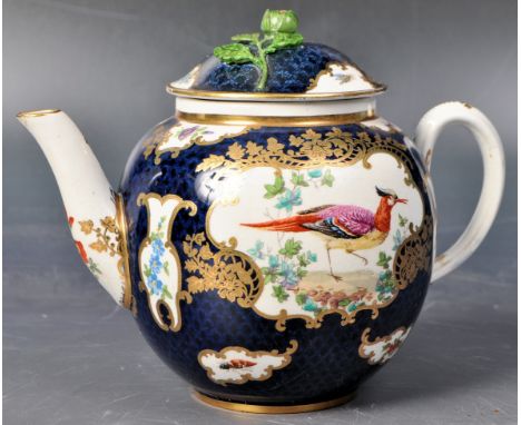 An 18th Century George III believed Worcester hand painted teapot of typical form having a cover atop with painted bird and i