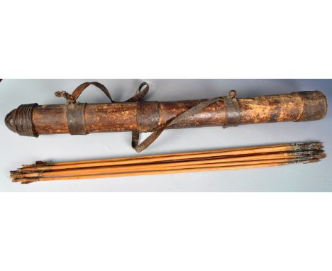 A 19th Century set of African monkey hunting arrows contained within a quiver. The quiver of hardwood construction with leath