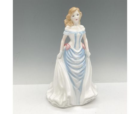 Hand painted glossy figural is dressed in light blue and white gown with pink bow accents. Royal Doulton backstamp. Issued: c