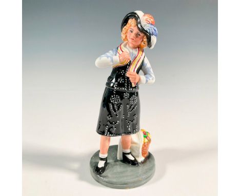 Glossy finish figure of a girl wearing a black dress with white pearly button relief. Royal Doulton backstamp. Artist: Willia