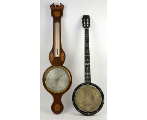 Mahogany and marquetry inlaid wheel barometer by P Morganti, Brighton and a mother of pearl inlaid banjo