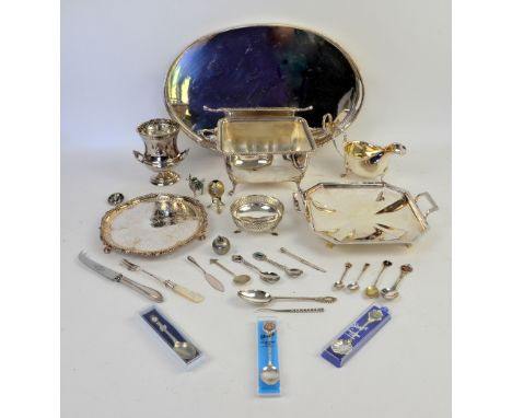 Silver plated items including tea service, tray, sauce boat, various spoons and South American white metal novelties.