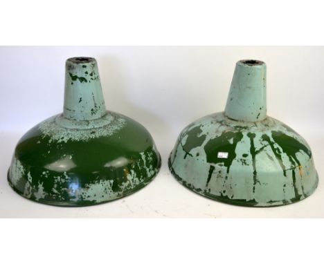 Set of four green and white enamel industrial lamp shades 46cm dia