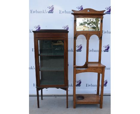 Oak stick stand and a mahogany display cabinet 