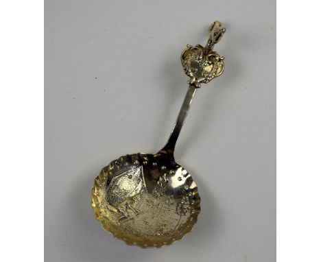 Continental silver caddy spoon, with bird finial, rural scene, import marks for London, 1896,