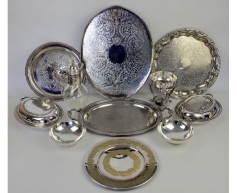 Collection of silver-plated items including entree dishes and covers, salvers, two Mappin &amp; Webb bowls, teapot, etc. 