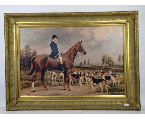 The Hunt, Huntsman on horseback with hounds, oleograph, 60cm x 90cm