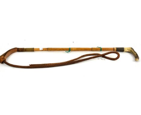 Early 20th century bamboo handled horse whip, a bit and a barometer in the form of a stirrup. 