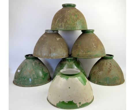 Set of seven green and white enamel industrial lamp shades 35cm dia