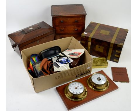 19th century mahogany brass bound writing box, rosewood tea caddy, chest of three drawers, Queen Marry Tin and other items 