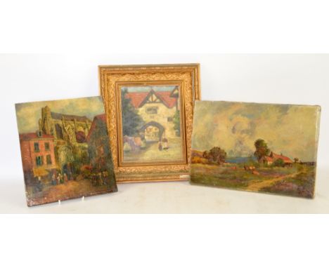 A.M Rawes (19/20th Century) Figures in a Continental Street. Oil on canvas. Signed lower right. With another, Cattle Grazing 