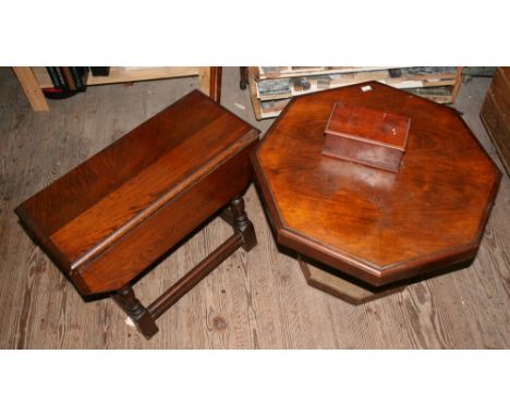 OAK TABLES, BOXES & SCALES - to include an oak hexagonal occasional table, an oak drop leaf side table, a small oak box, case