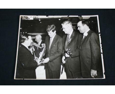 JFK & SENATOR POWERS - large 11''x14'' b/w photograph of John F. Kennedy receiving the Golden Harp award on St. Patricks Day 