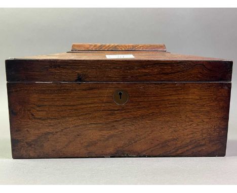 19TH CENTURY ROSEWOOD TEA CADDY the interior with two tea compartments and a glass bowl 