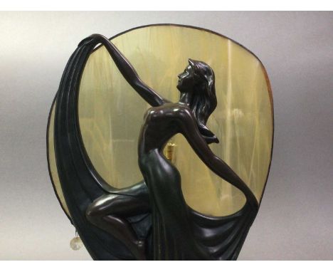 ART DECO STYLE FIGURAL LAMP MODERN in bronzed composition, modelled as a dancing female, on stepped base, with glass rear pan