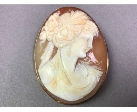 OVAL CAMEO BROOCH AND OTHER JEWELLERY the cameo in a mount stamped 750, along with a gold tiger's eye ring, locket, crystal n