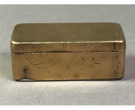 CONTINENTAL  BRASS SNUFF BOX 19TH CENTURY rectangular form, engraved with flowers and swags7cm wide