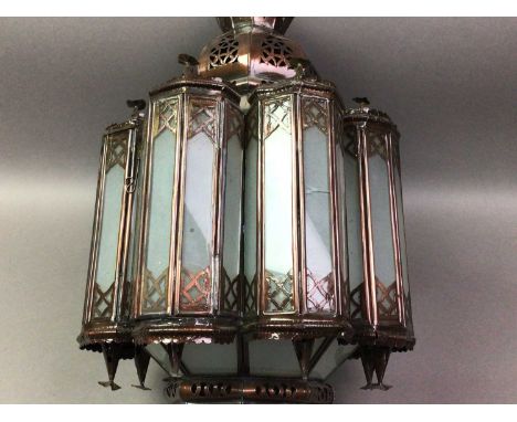 ART DECO STYLE LANTERN 20TH CENTURY decorated with finials and single glass panels60cm high