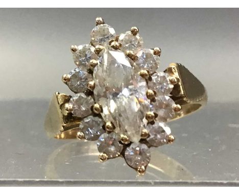 NINE CARAT DRESS RING ALONG WITH A PAIR OF EARRINGS AND PEARL SET CHAIN these in yellow metal Qty: 3The ring is a size P, the