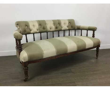 VICTORIAN WALNUT PARLOUR SOFA with striped upholstery to the seat, arms and back 68cm high, 134cm wide, 65cm deep