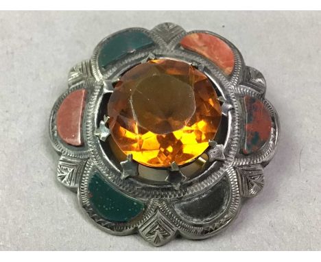 GROUP OF SCOTTISH BROOCHES AND OTHER ITEMS  including other brooches, swivel pendant, thimble, ring and a floral decorated ba