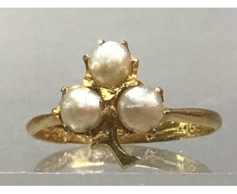 CHINESE GOLD DRESS RING set with clover of three seed pearlsAdditional images added.Size L