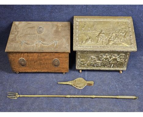 A C.1900 copper coal box, with neoclassical decoration plus another with coal fork &amp; bellows. 