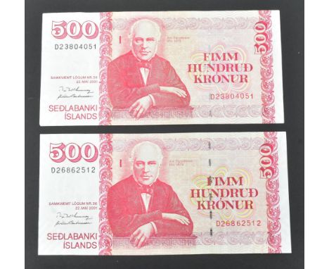 A collection of International European uncirculated banknotes bank notes to include; 2x Iceland 22.05.2001 500 kroner, 2x 22.