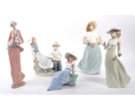 Nao by Lladro - A collection of five 20th Century china porcelain Nao by Lladro figurines to include a lady in summer hat wit