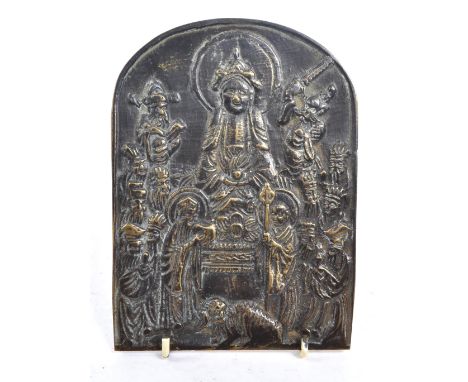 An early 20th century hand made Buddhist tableaux tablet. Of arched form with religious / holy figures to front, with hand sc