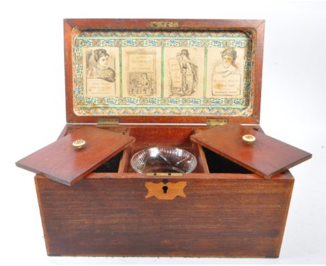A George III mahogany inlaid tea caddy box. With inlaid decoration to top, hinged lid revealing cut glass middle flanked by t