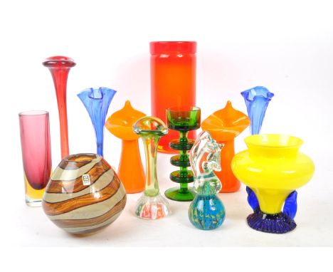 A collection of mid 20th century studio art glass. The collection to include a variety of examples including a squat Mdina va