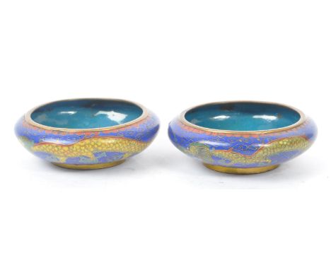 Two small circular squat 1920s Chinese enamel cloisonne trinket owls / dishes of dark blue ground with yellow dragon design t