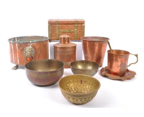 A collection of 19th and 20th century copper decorative curios. The collection to include an ashtray, three carved / decorate