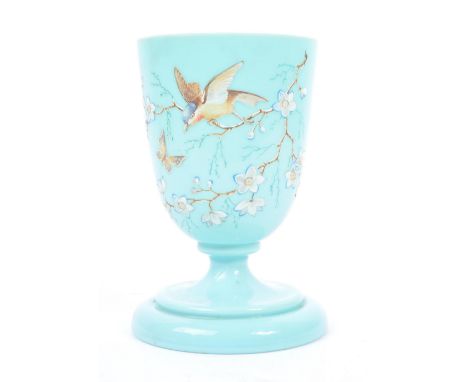 A 19th Century British light blue opaque glass vase raised on circular stepped base. Having hand painted design across body d