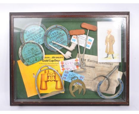 Equestrian Interest - A vintage 20th Century glass and wooden display case displaying collection of horse racing items / memo