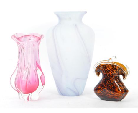 A collection of three vintage 20th century studio art glass. Comprising of Italian opaque vase with tapering body, leopard pr