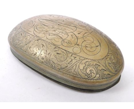 A 19th century 1898 Victorian metal snuff box. The snuff box of oval curved form, with engraving over exterior. Marked to bot