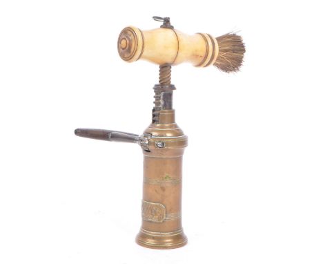 A Victorian 19th Century Thomason style corkscrew with brass body / barrel having square shaped badge of lion and unicorn rea