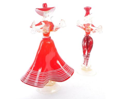 Murano Glass - Two mid 20th century studio art glass sculptures. Depicting a male and female dancer in matching ruby red clot