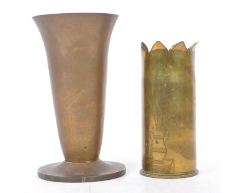 An early 20th Century First World War brass trench art vase from artillery shell, engraved with leaf design, vase filled with