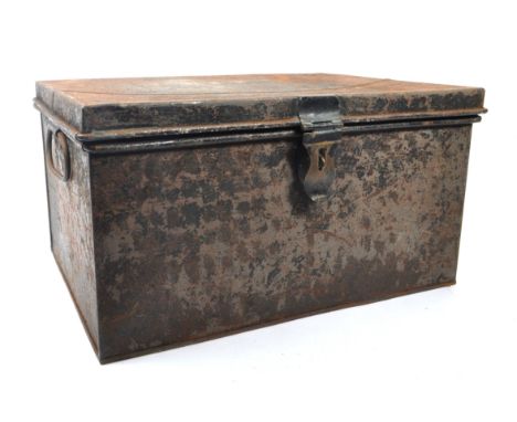 A vintage 20th Century lidded metal deed box of rectangular form having swing handles to either side and clasp to front. Meas