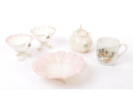 Royal Worcester - A collection of porcelain china table salts in the form of shells together with Irish Belleek porcelain con