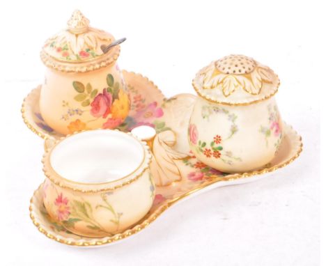 Royal Worcester - Ivory blush cruet set having three condiments on trefoil stand. Handle AF.&nbsp;
