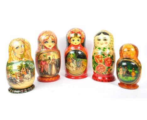 A collection of late 20th century and later Russian USSR folk art Matryoshka&nbsp;graduating nest of dolls. With ornate hand 