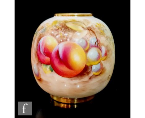 A small Royal Worcester Fallen Fruits shape 2491 vase of ovoid form, panel decorated by Roberts with hand painted peaches and