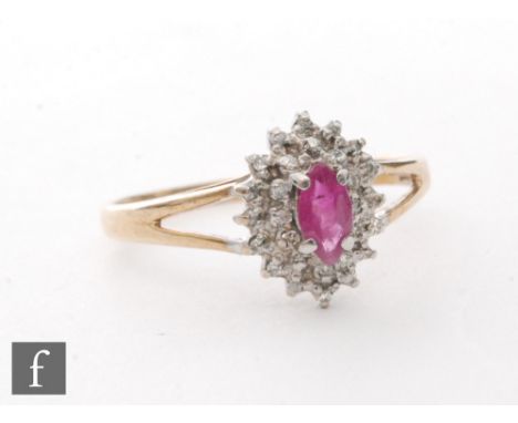 A 9ct ruby and diamond cluster ring, central marquise ruby within a diamond surround, all to split shoulders, weight 1.8g, ri