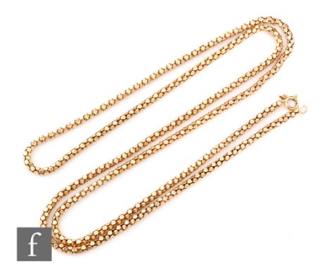 A continental 18ct fancy box link chain, length 77cm, weight 17.5g, terminating in bolt ring fastener. 