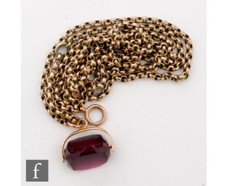A 9ct rose gold belcher link chain terminating in an amethyst swivel fob, length of chain 92cm, total weight 18g, S/D. 