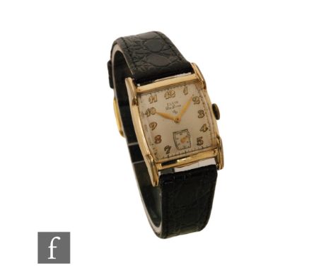 A gentleman's gold plated Elgin manual wind  wrist watch, Arabic numerals to a rectangular dial, length 35mm, to a black leat